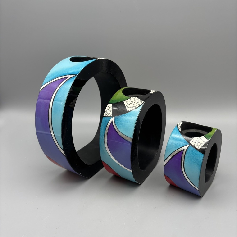 Art Deco Tea Light Candle Holders Bright Colors Abstract Design Stackable
